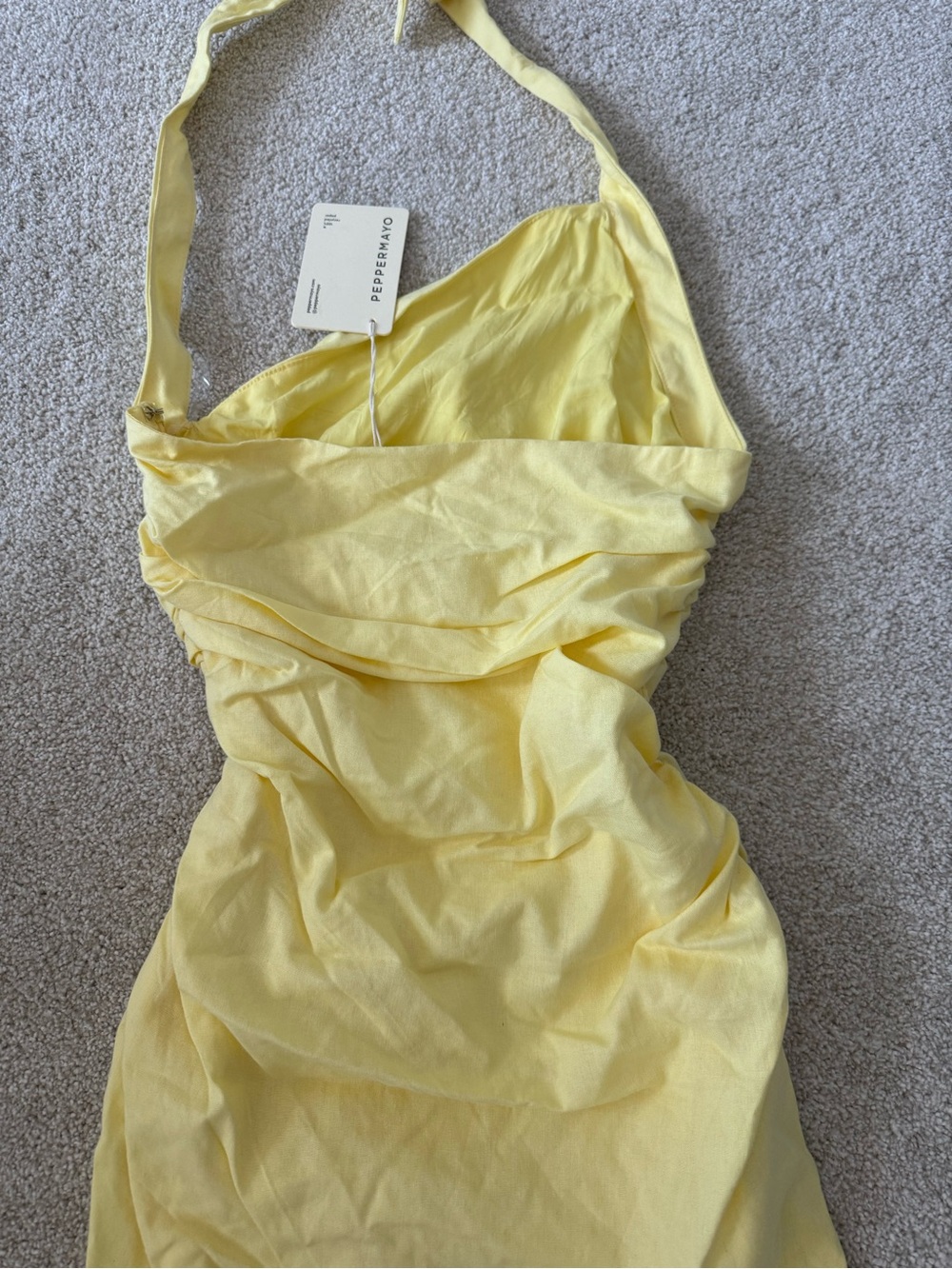 Asymmetric Halter Ruched Mini Dress in Butter Yellow NWT size Medium - Picture 8 of 8